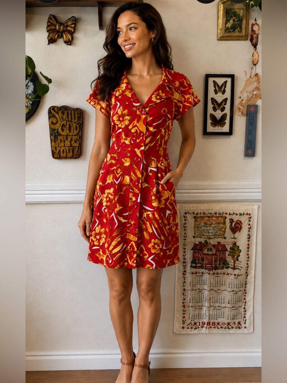 Vintage Teri Jon Red Orange Tropical Floral Button Dress Resort Y2K Sz 8